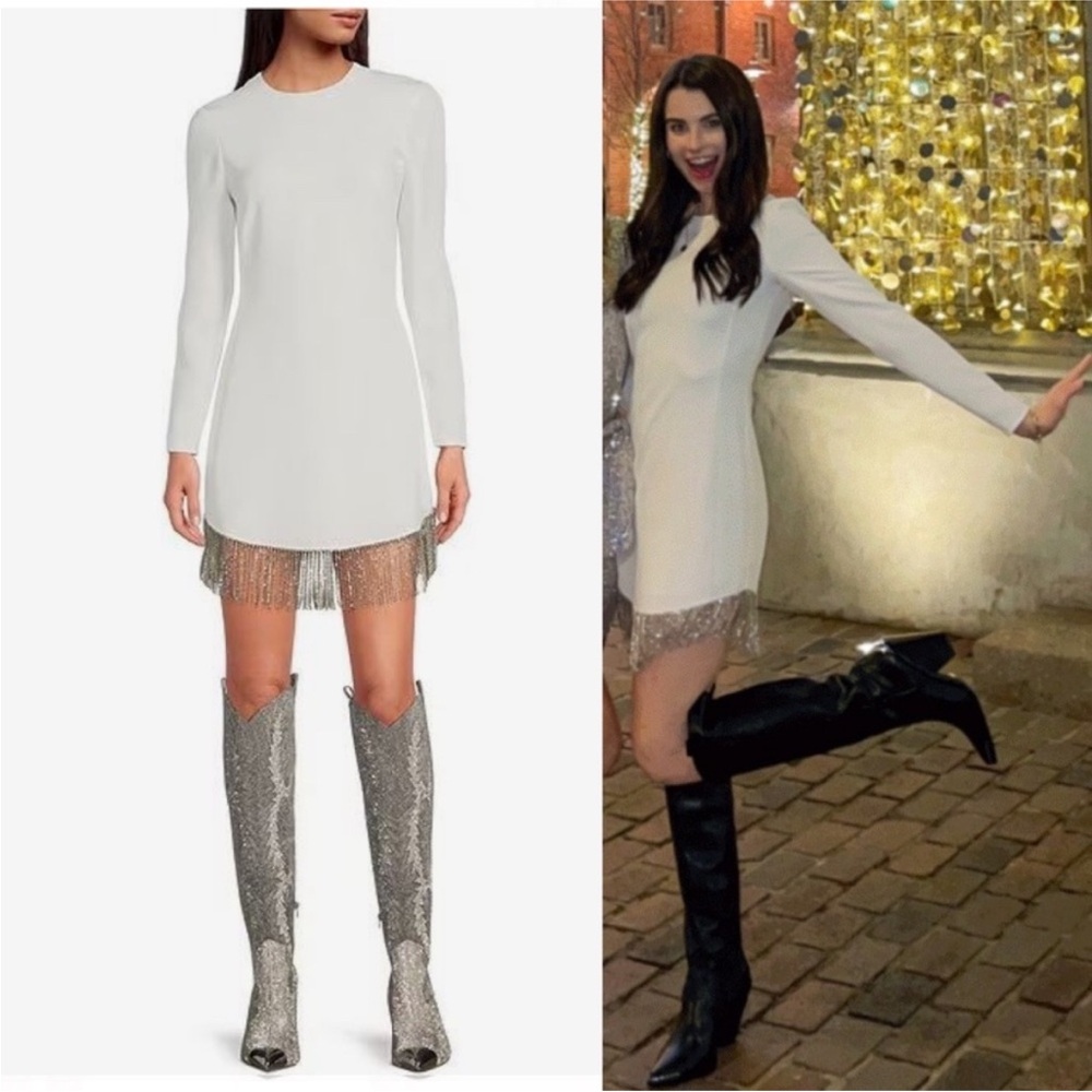 NWT Gianni Bini Sage Rhinestone Fringe Crew Neck Long Sleeve Crepe Dress - Picture 16 of 16